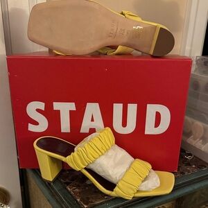 New. STAUD Yellow Ruffled Heeled Sandals. 8.5.